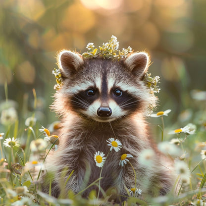 Tvättbjörn bland blommor – Diamantmålning