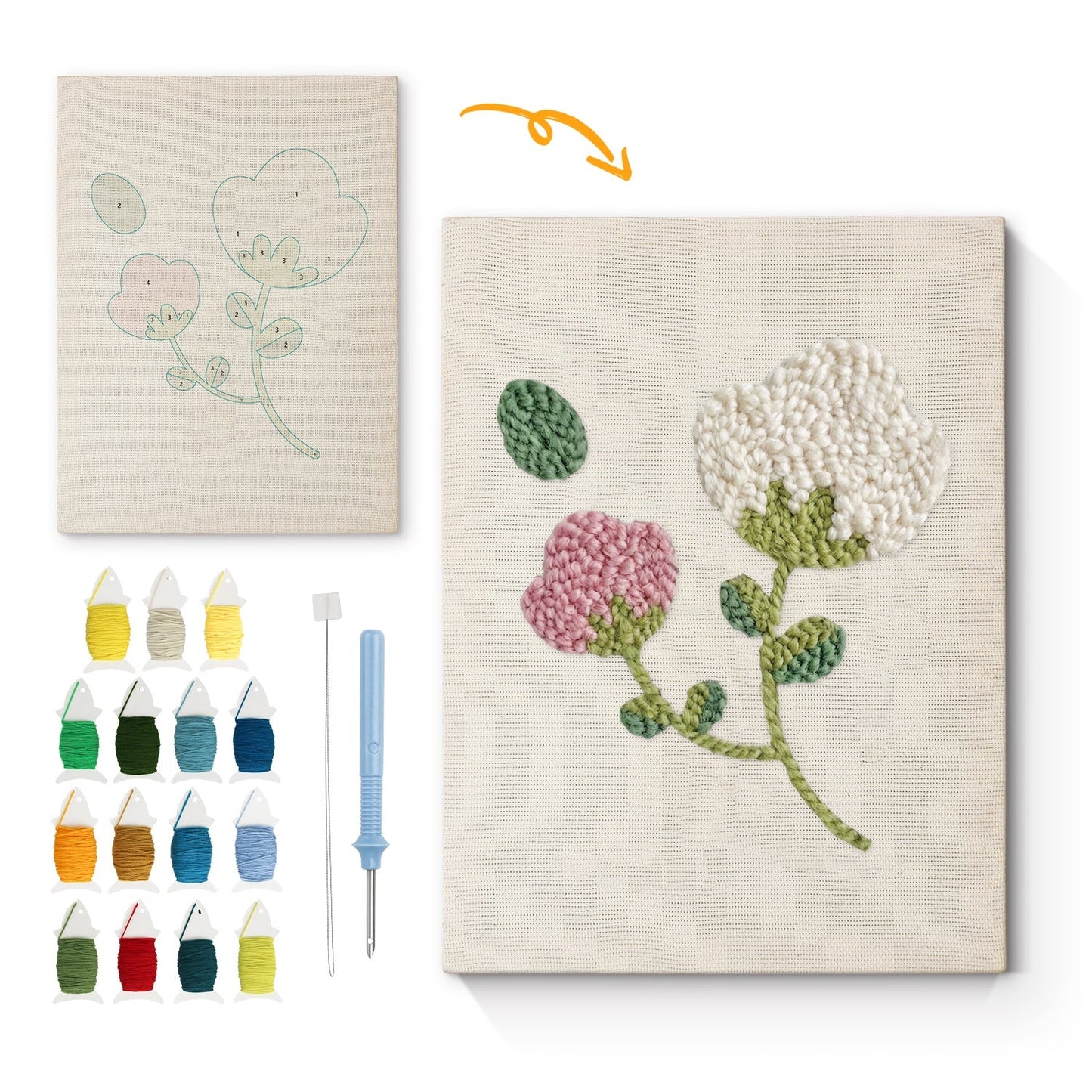 Vita och rosa blommor – Punch needle-broderi