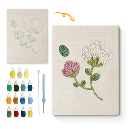 Vita och rosa blommor – Punch needle-broderi