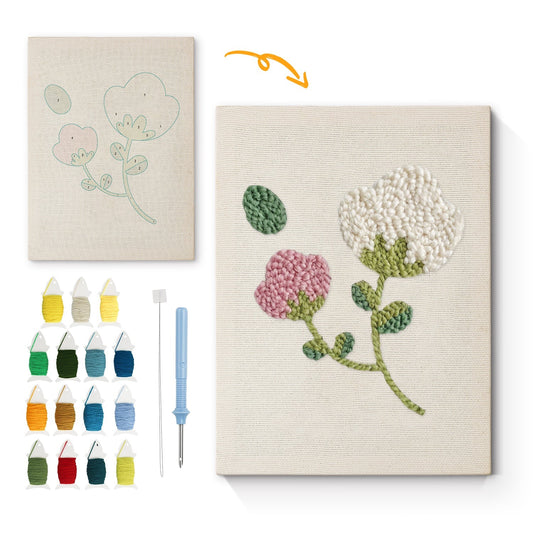 Vita och rosa blommor – Punch needle-broderi
