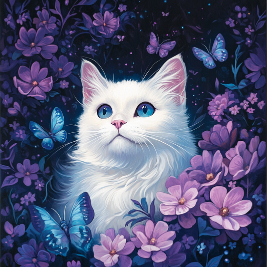 Katt omgiven av fjärilar och blommor - Diamantmålning