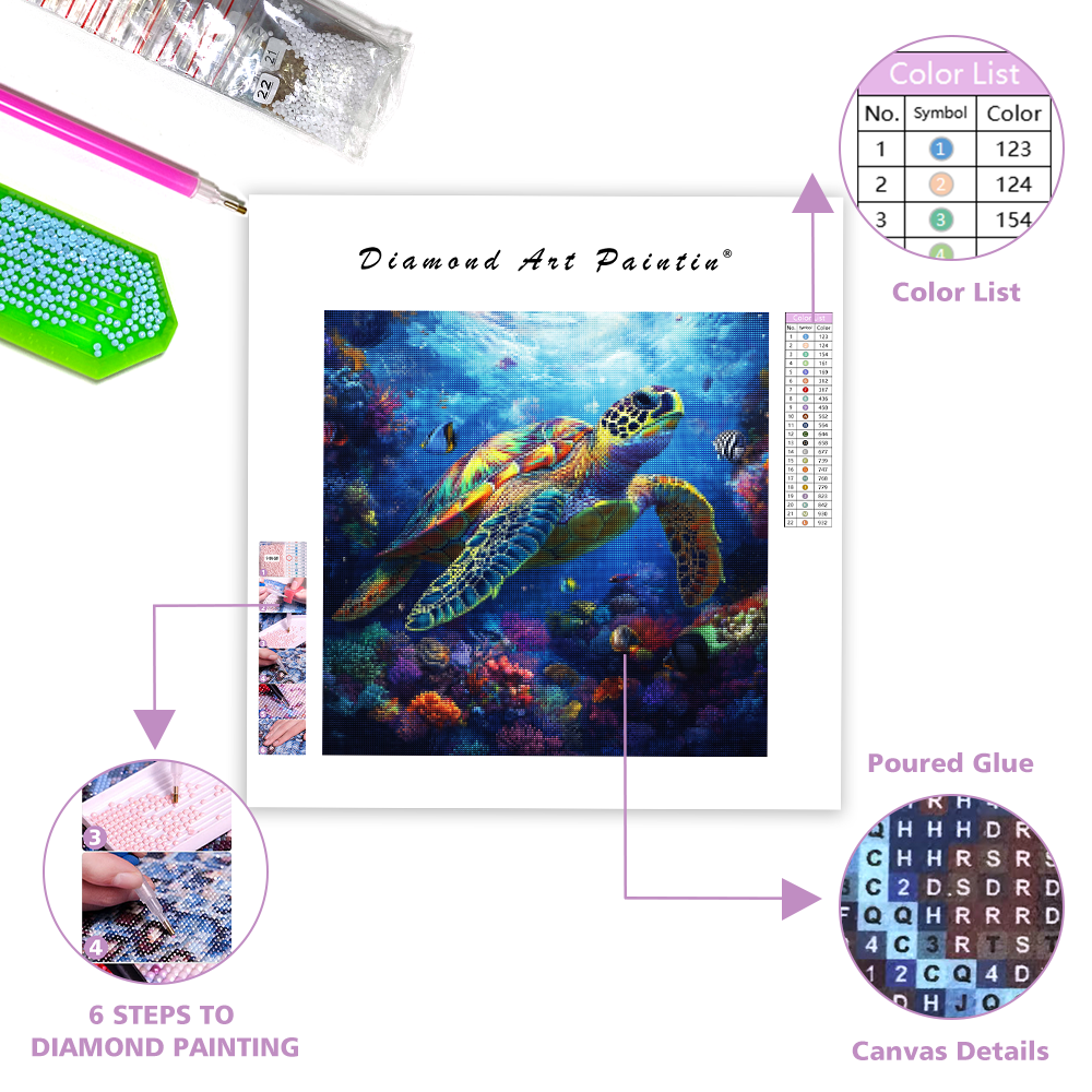 Färgglad sköldpadda i ett vibrerande korallrev - Diamond Painting