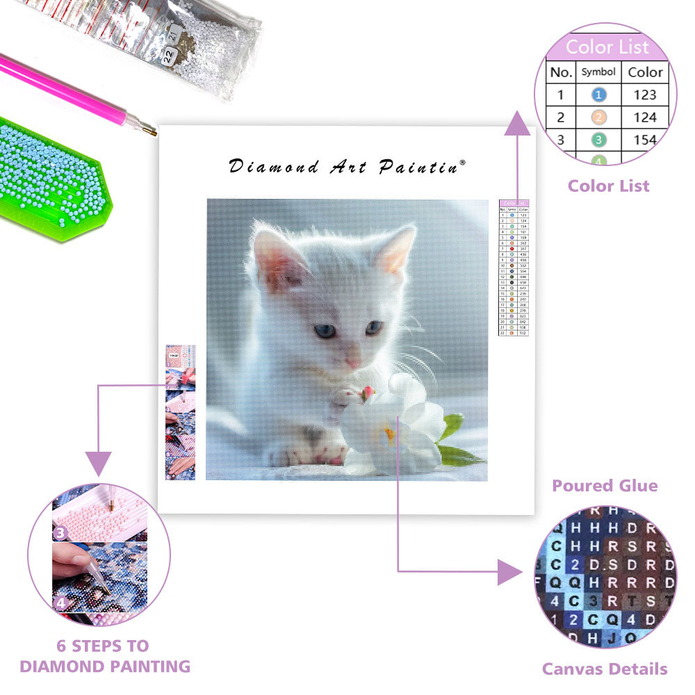 Vit katt med gardenia – Diamantmålning