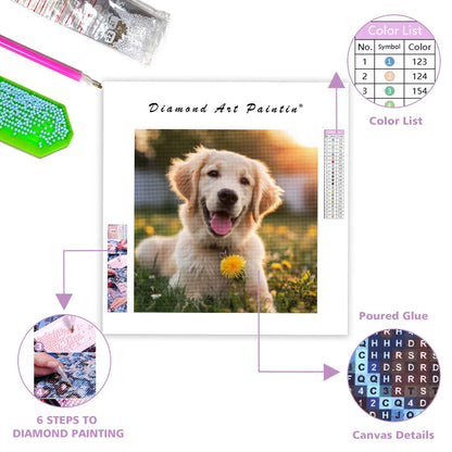 Golden retriever med maskros – Diamantmålning