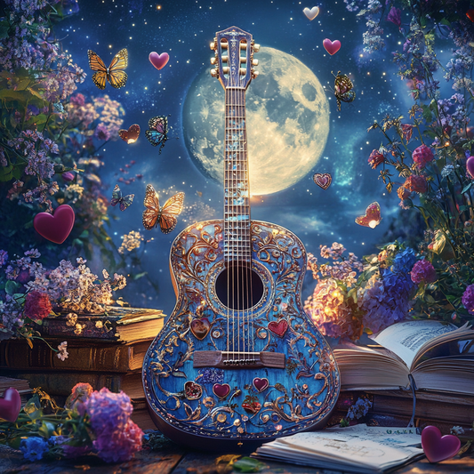 Kosmisk gitarr med måne och blommor - Diamantmålning