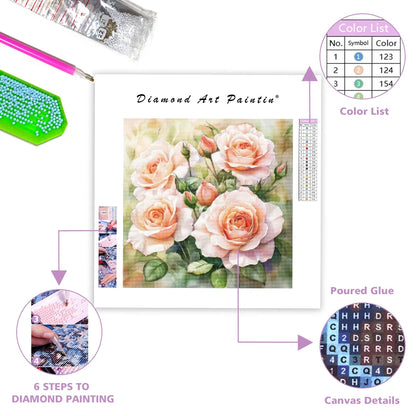 Blommande Rosa Blommor - Diamantmålning