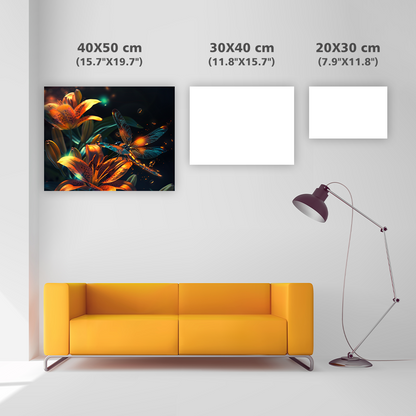 Trollslända nära livfulla orangea liljor - Diamond Painting
