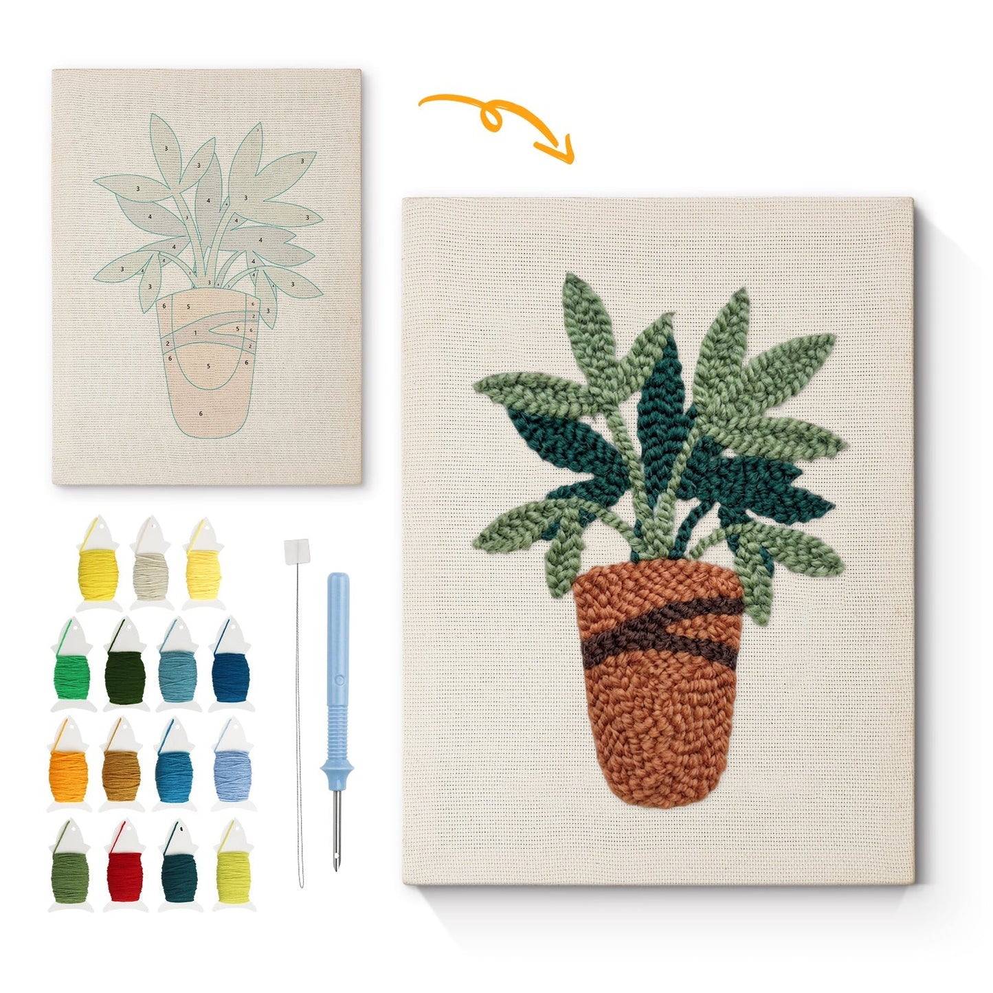 Frodiga gröna blad i kruka – Punch needle-broderi