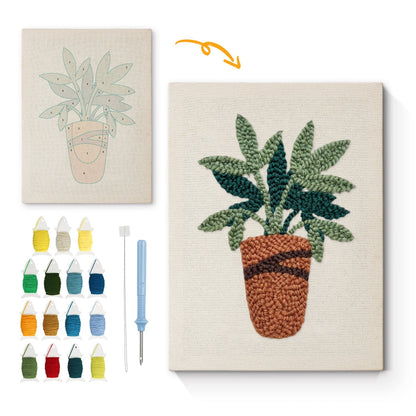 Frodiga gröna blad i kruka – Punch needle-broderi