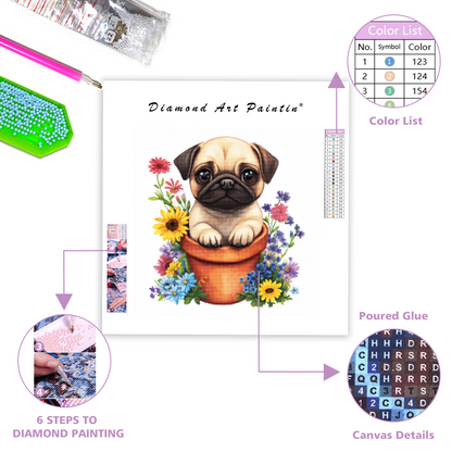 Mops i en blomkruka - Diamantmålning