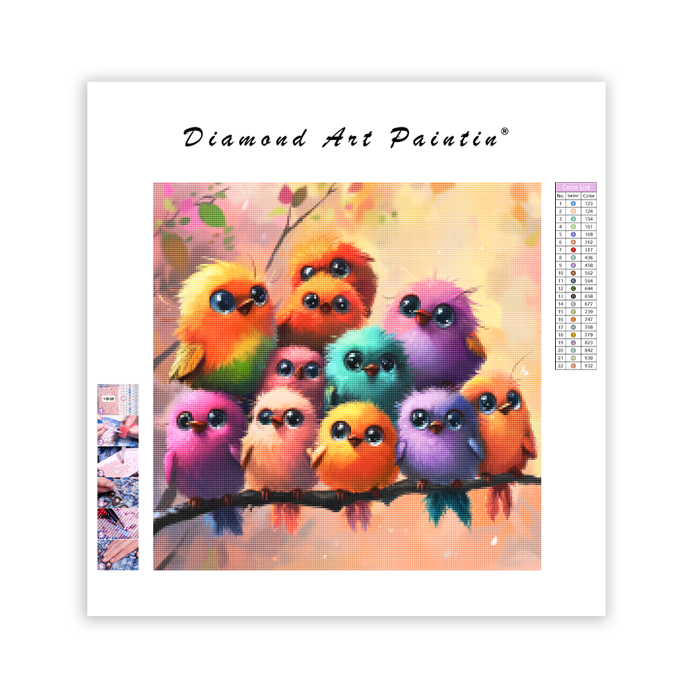 Färgglada fluffiga fåglar på en gren - Diamond Painting