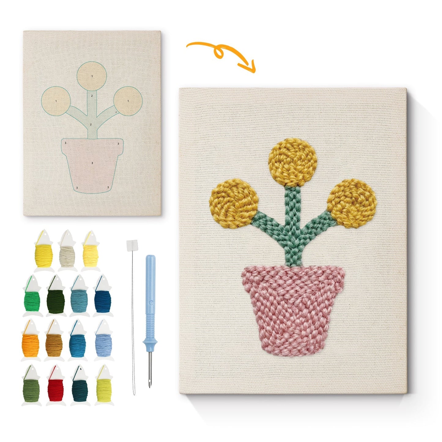 Rosa blommor i kruka – Punch needle-broderi