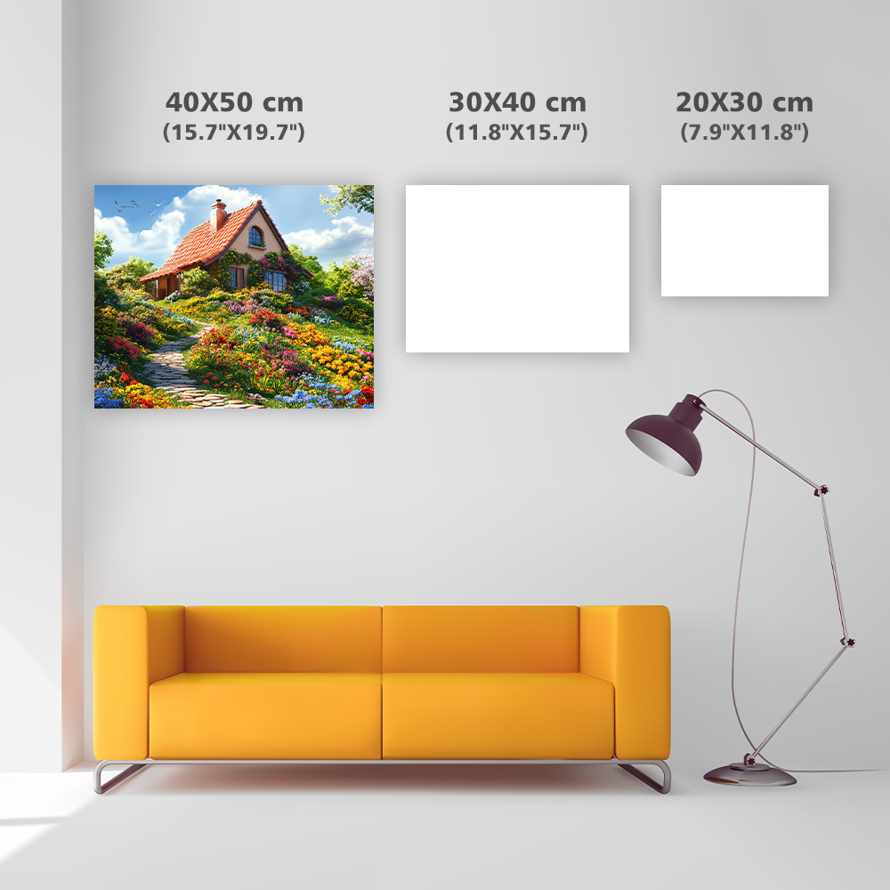 Färgglad stuga på en blomsterkulle - Diamond Painting