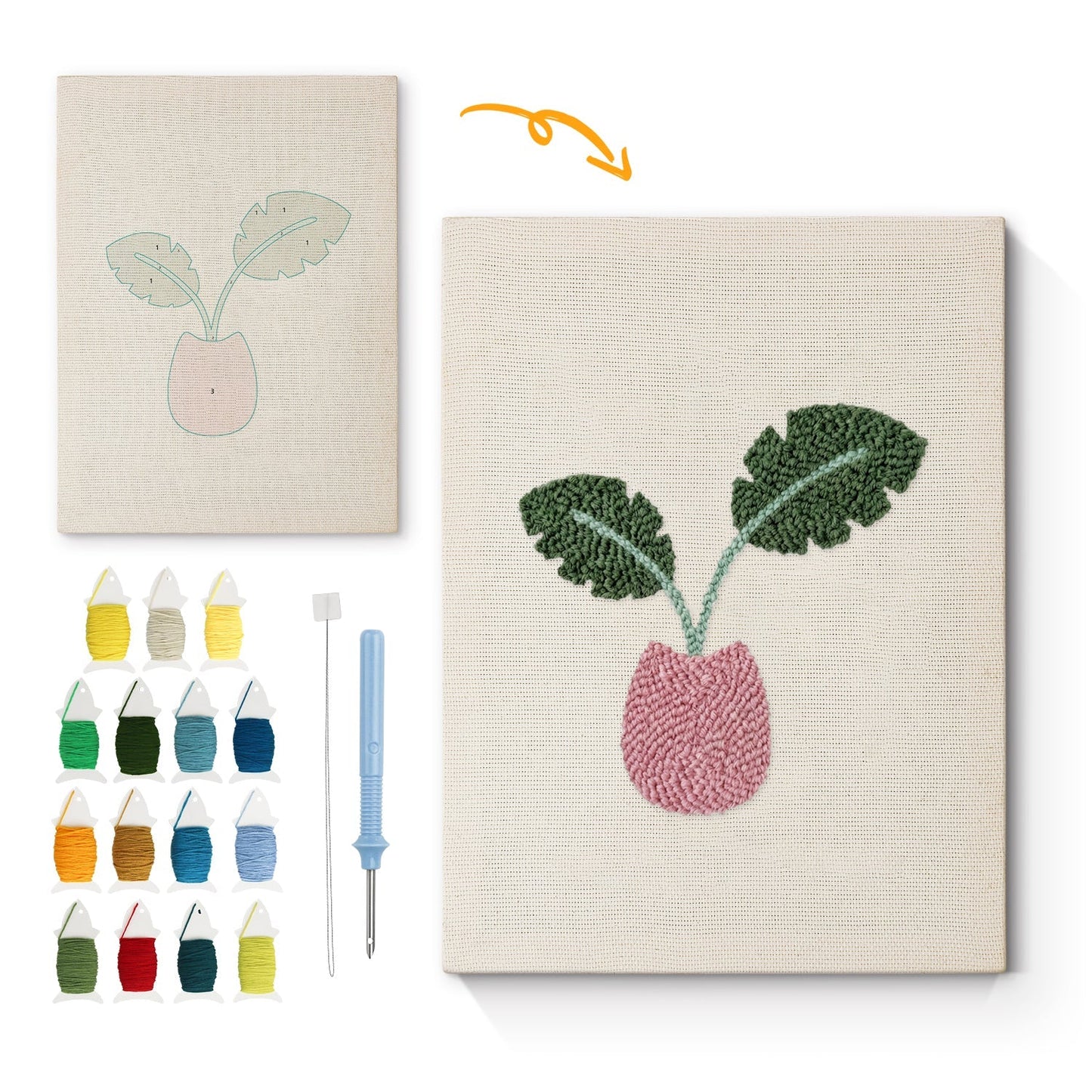 Rosa kruka med gröna blad – Punch needle-broderi