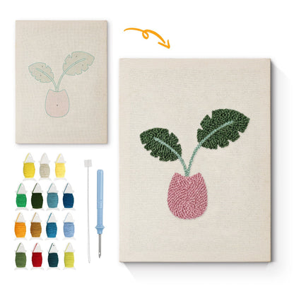 Rosa kruka med gröna blad – Punch needle-broderi