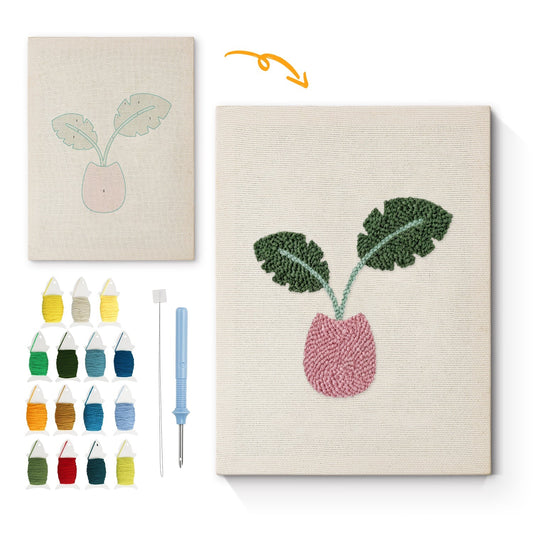 Rosa kruka med gröna blad – Punch needle-broderi