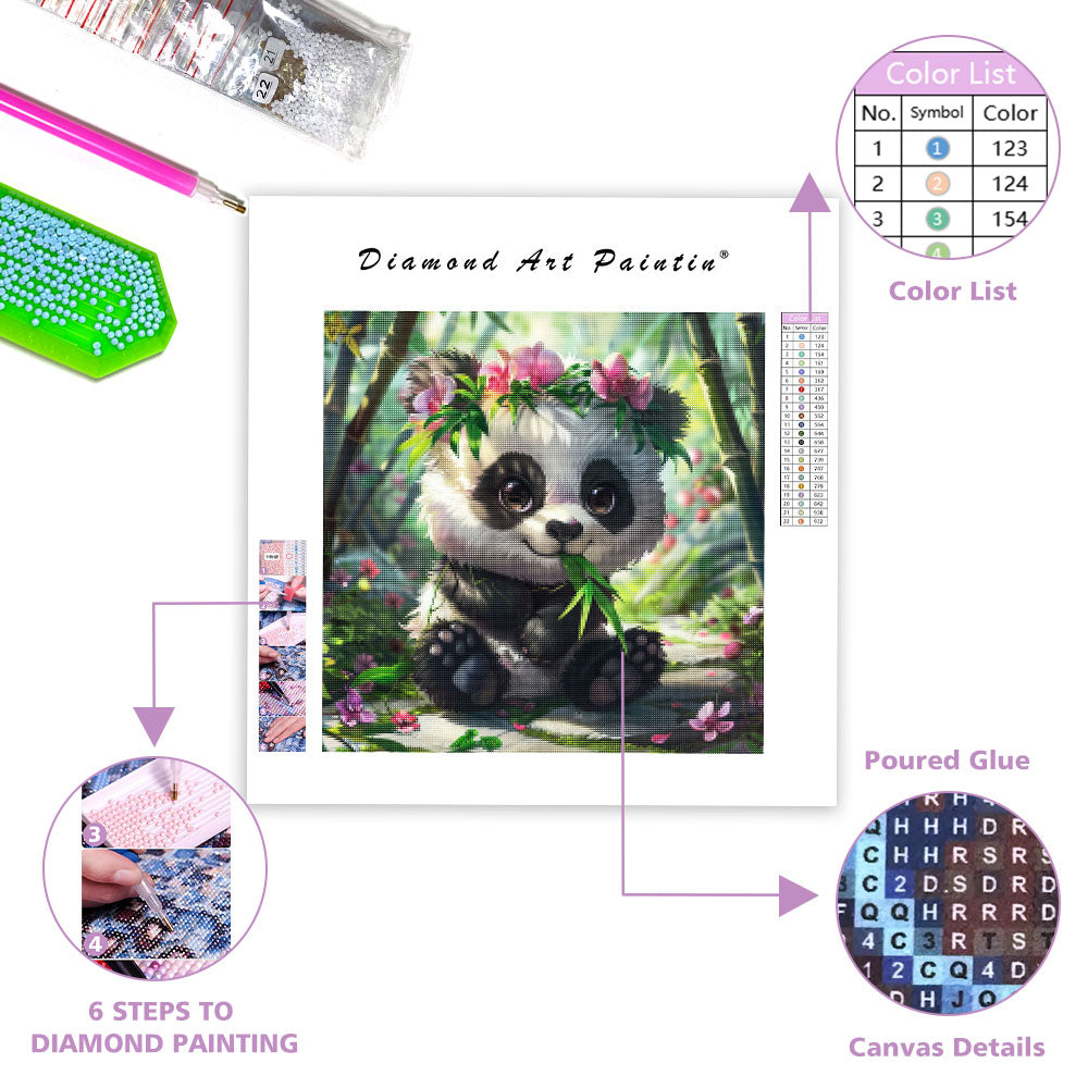 Panda med bambu och blommor – Diamantmålning