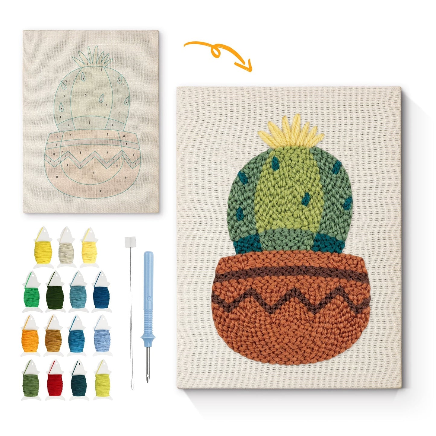 Kaktus i kruka med gula blommor – Punch needle-broderi