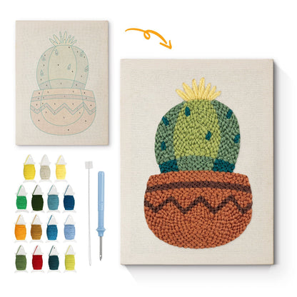 Kaktus i kruka med gula blommor – Punch needle-broderi
