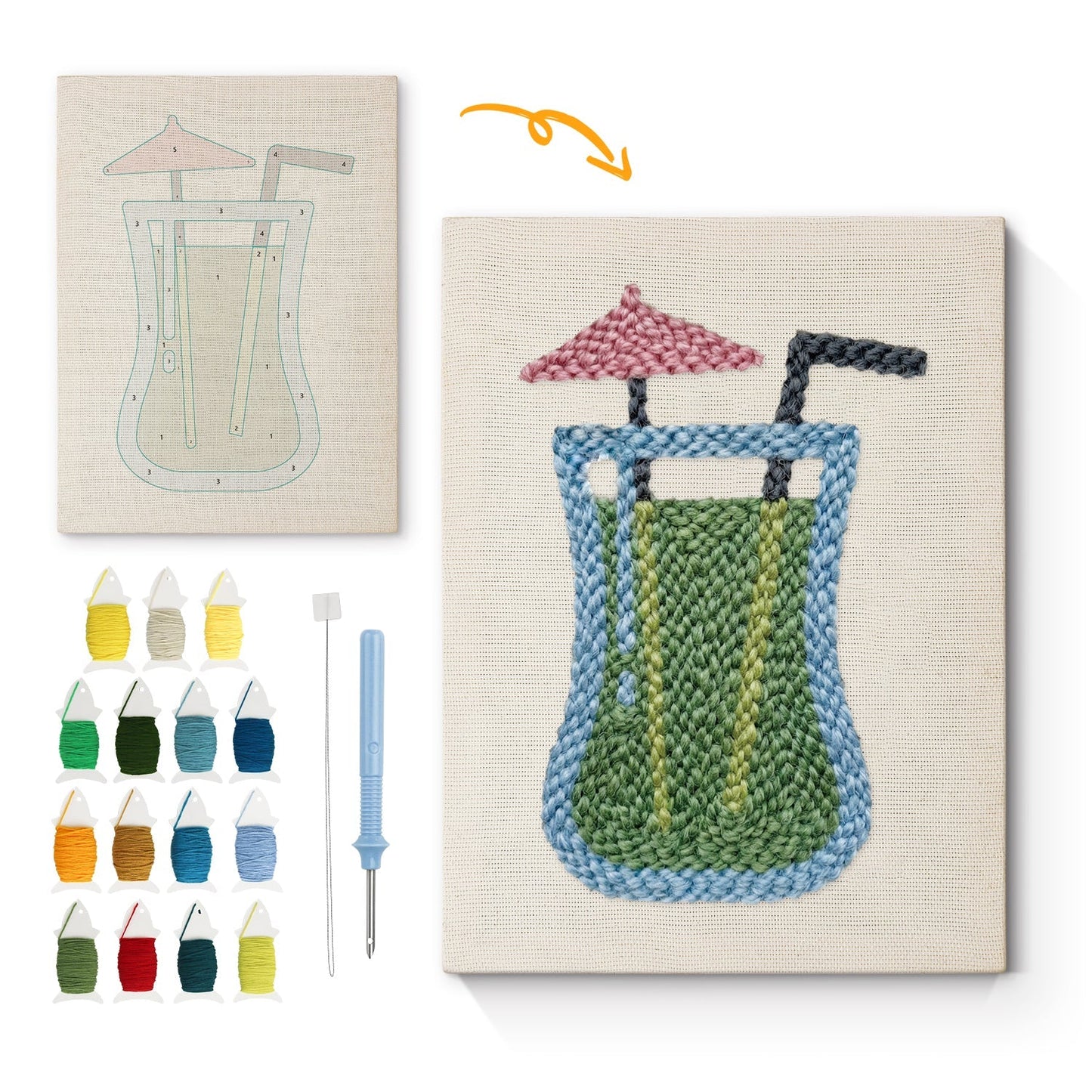 Grön drink med paraply – Punch needle-broderi
