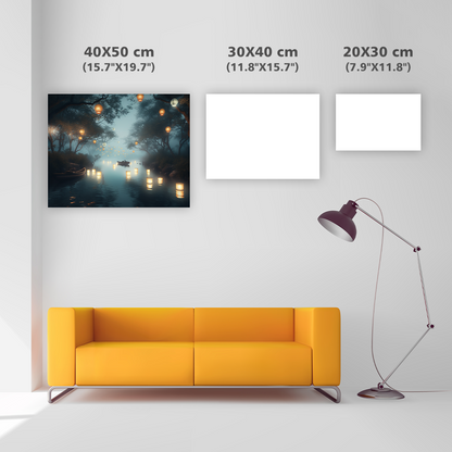 Flytande lyktor på en dimmig flod - Diamond Painting