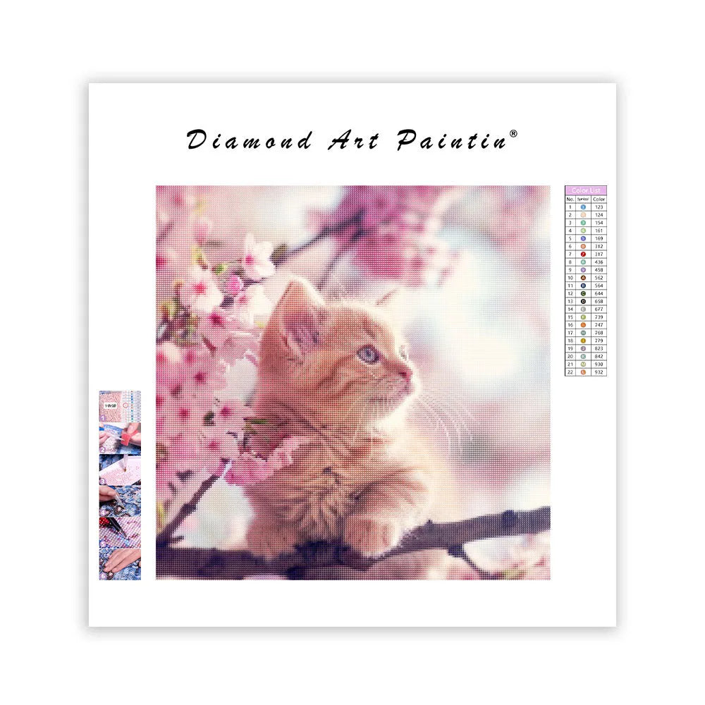 Kattunge bland sakurablommor – Diamantmålning