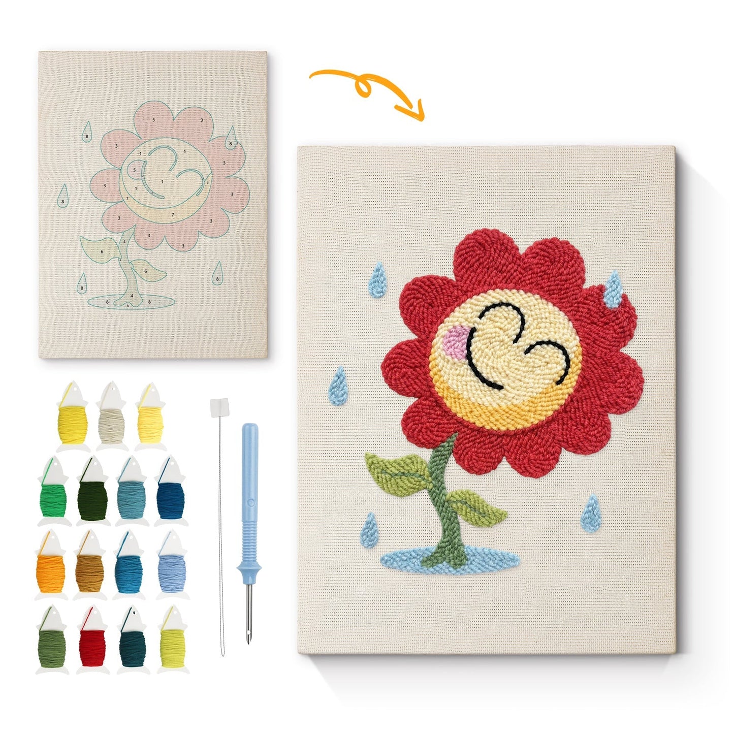 Leende solros i regn – Punch needle-broderi