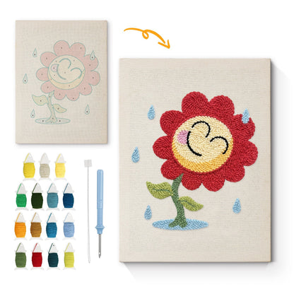 Leende solros i regn – Punch needle-broderi