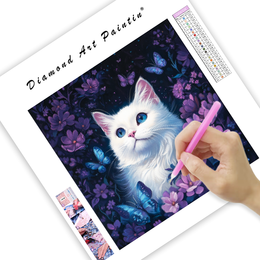Katt omgiven av fjärilar och blommor - Diamantmålning