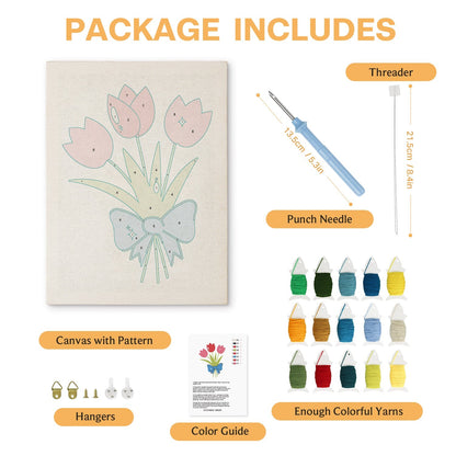 Tulpanbukett med blå rosett – Punch needle-broderi