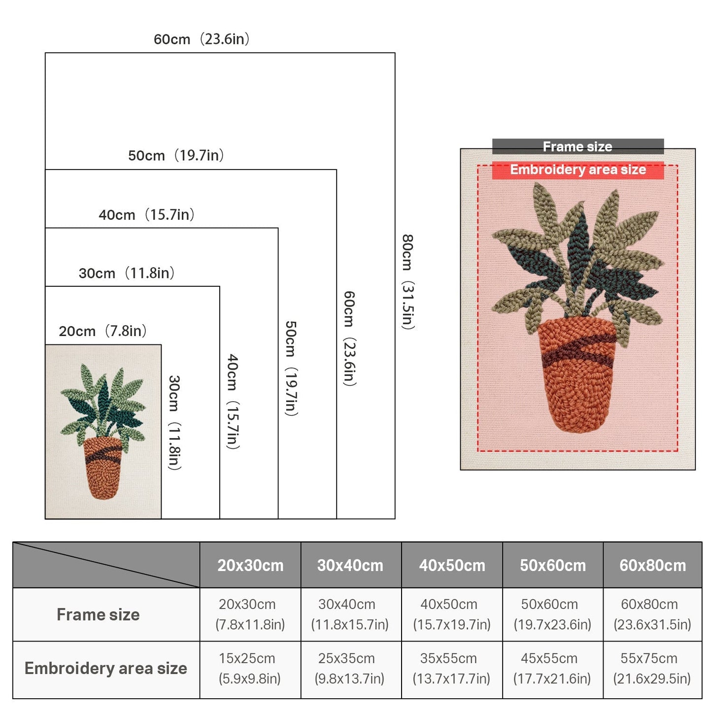 Frodiga gröna blad i kruka – Punch needle-broderi