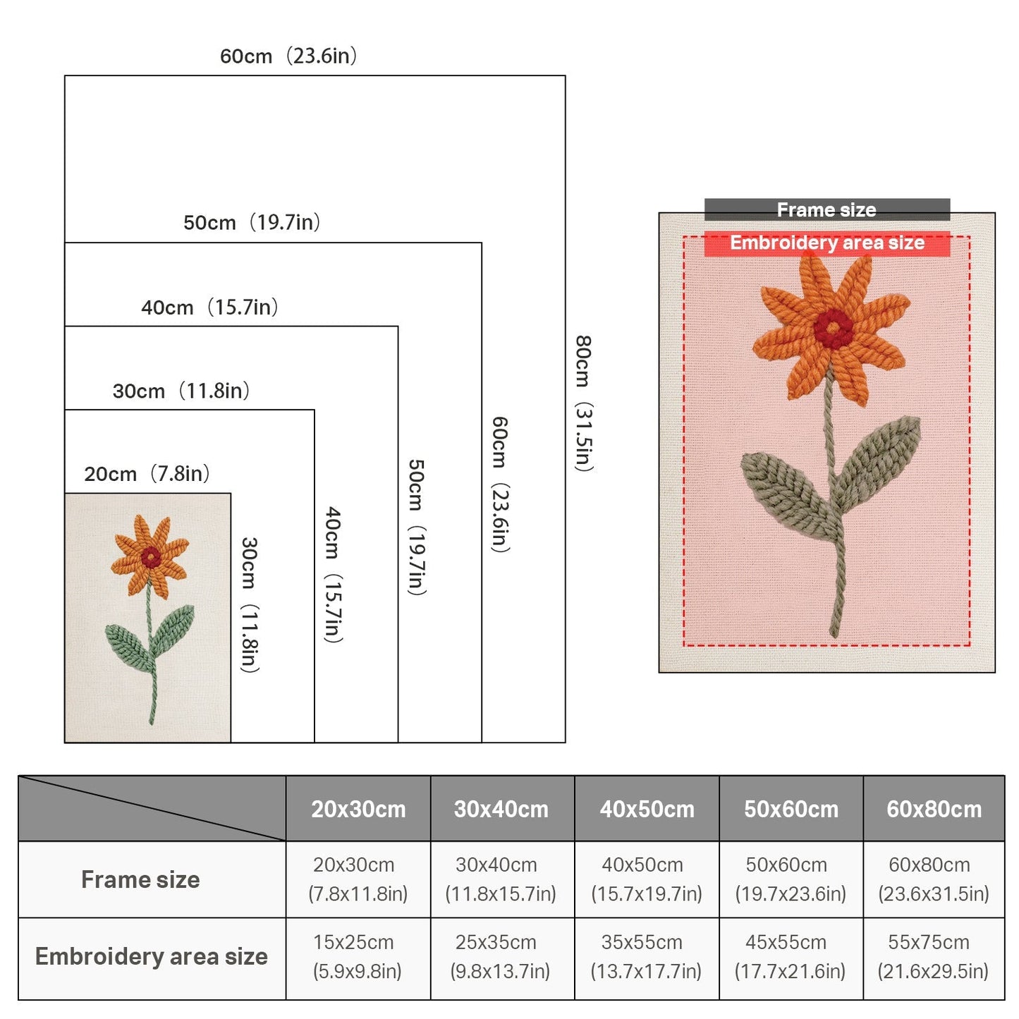 Orange blomma med gröna blad – Punch needle-broderi