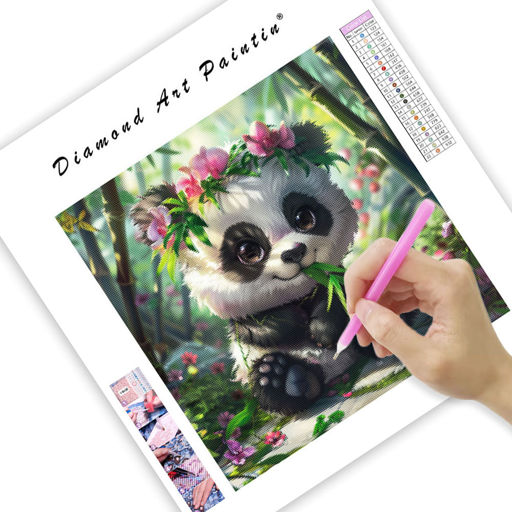 Panda med bambu och blommor – Diamantmålning