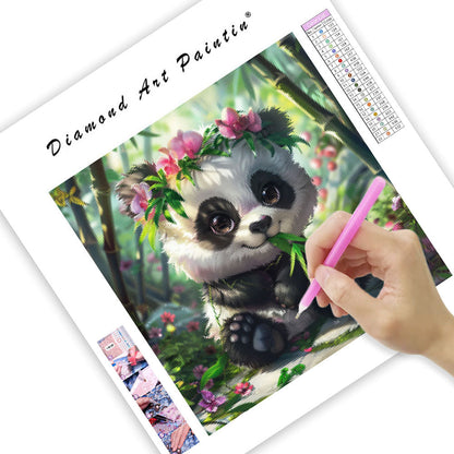 Panda med bambu och blommor – Diamantmålning