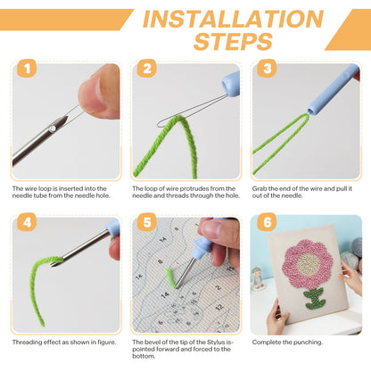 Mjukrosa blomma med gröna blad – Punch needle-broderi