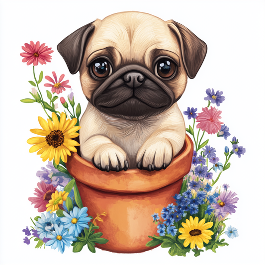 Mops i en blomkruka - Diamantmålning