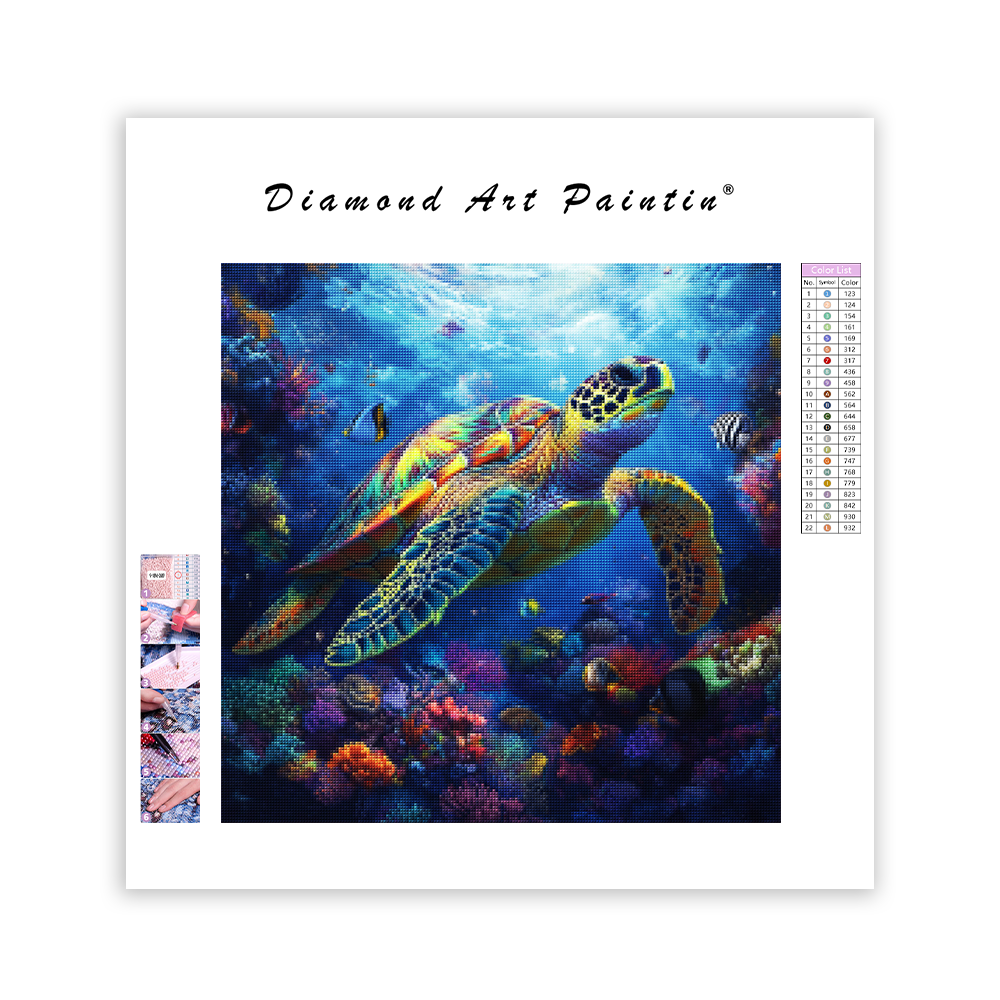 Färgglad sköldpadda i ett vibrerande korallrev - Diamond Painting