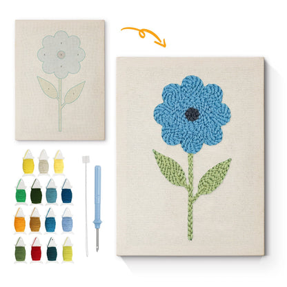 Blå blomma med gröna blad – Punch needle-broderi