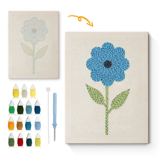 Blå blomma med gröna blad – Punch needle-broderi