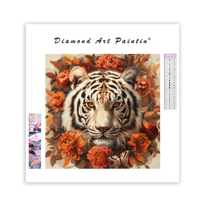 Biely tiger s oranžovými kvetmi - Diamantmålning