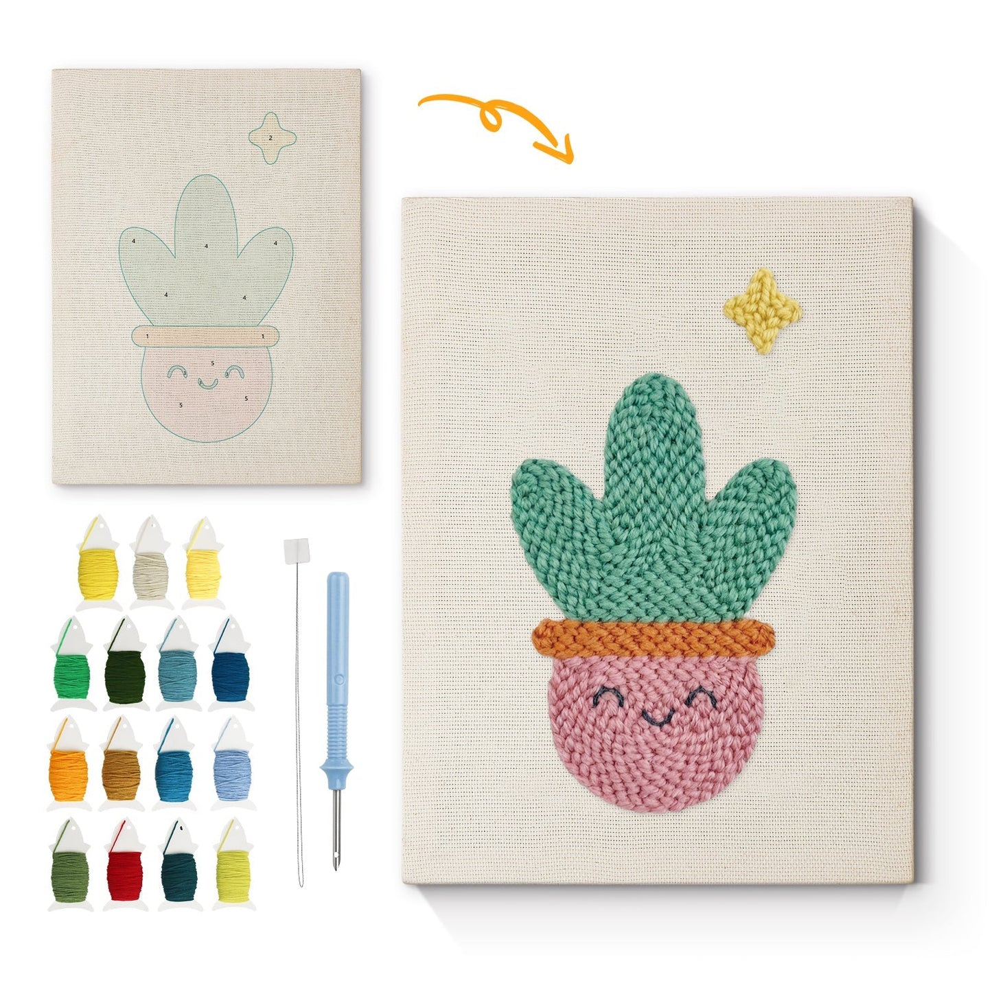 Glad kaktus med stjärnor – Punch needle-broderi