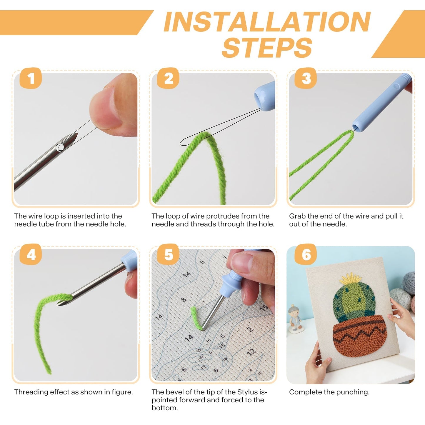 Kaktus i kruka med gula blommor – Punch needle-broderi
