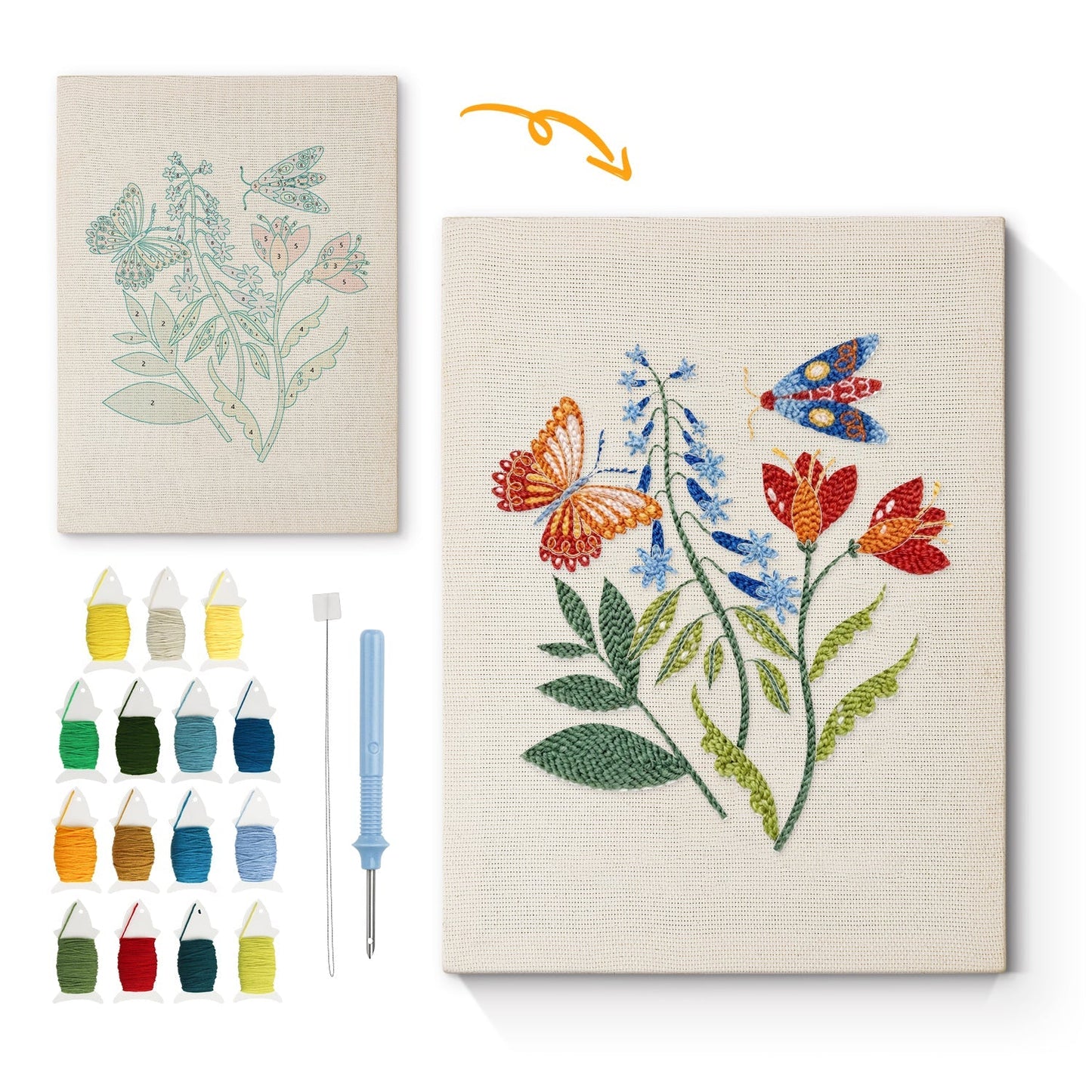 Färgstarka blommor med fjärilar – Punch needle-broderi