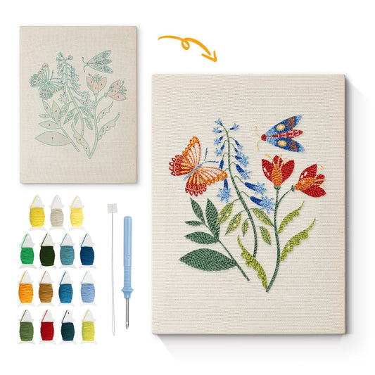 Färgstarka blommor med fjärilar – Punch needle-broderi